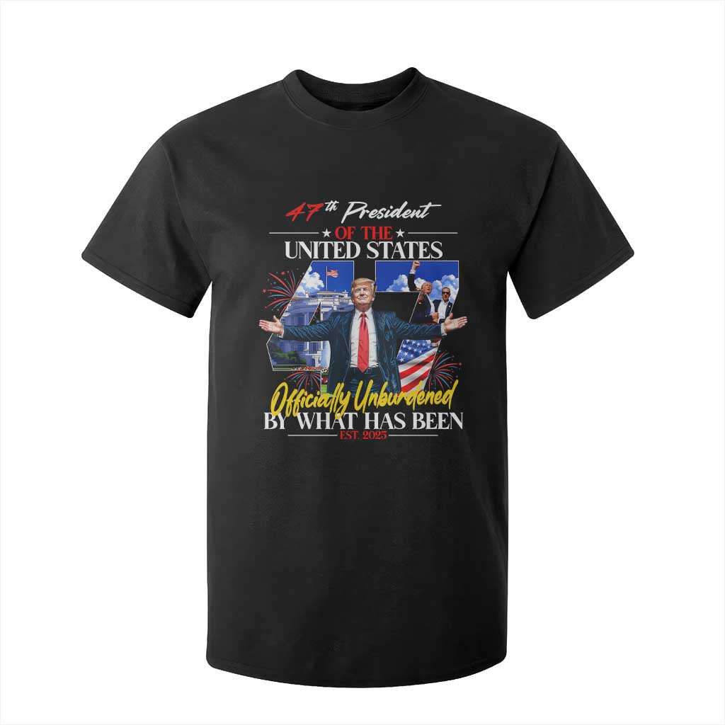 President Donald Trump T Shirt For Kid Officially Unburdened By What Has Been 2025 47Th American Flag TS10 Black Print Your Wear