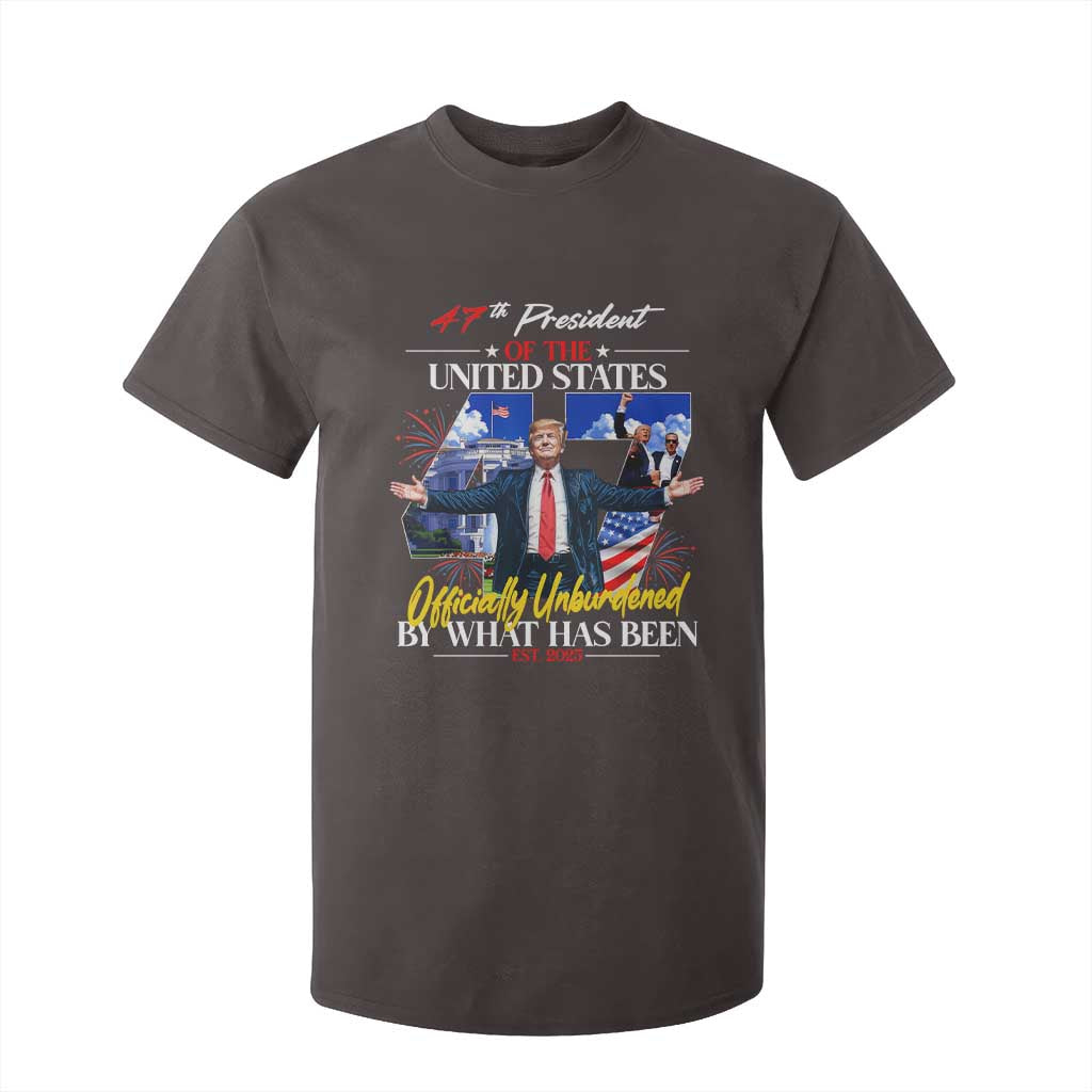 President Donald Trump T Shirt For Kid Officially Unburdened By What Has Been 2025 47Th American Flag TS10 Dark Chocolate Print Your Wear