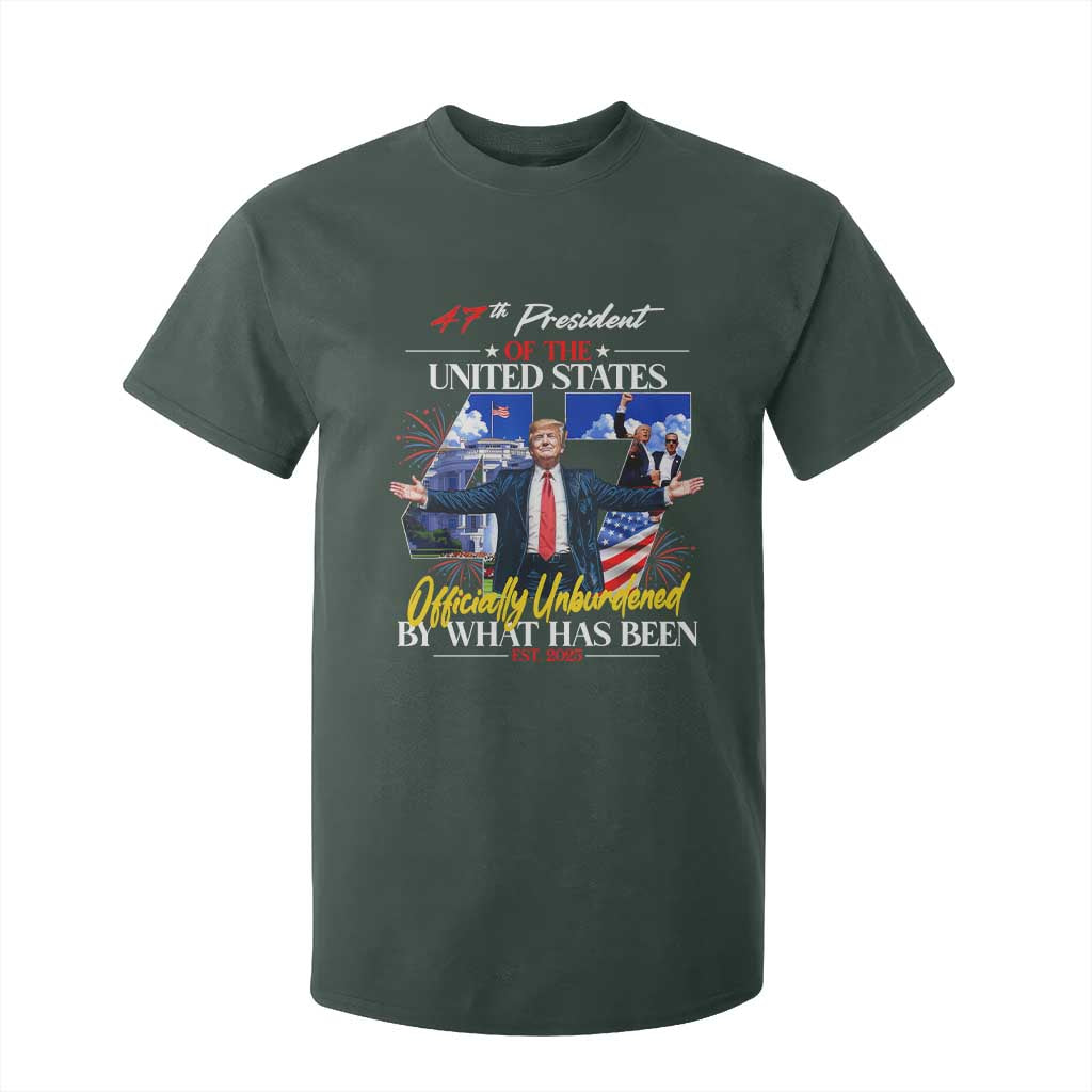 President Donald Trump T Shirt For Kid Officially Unburdened By What Has Been 2025 47Th American Flag TS10 Dark Forest Green Print Your Wear