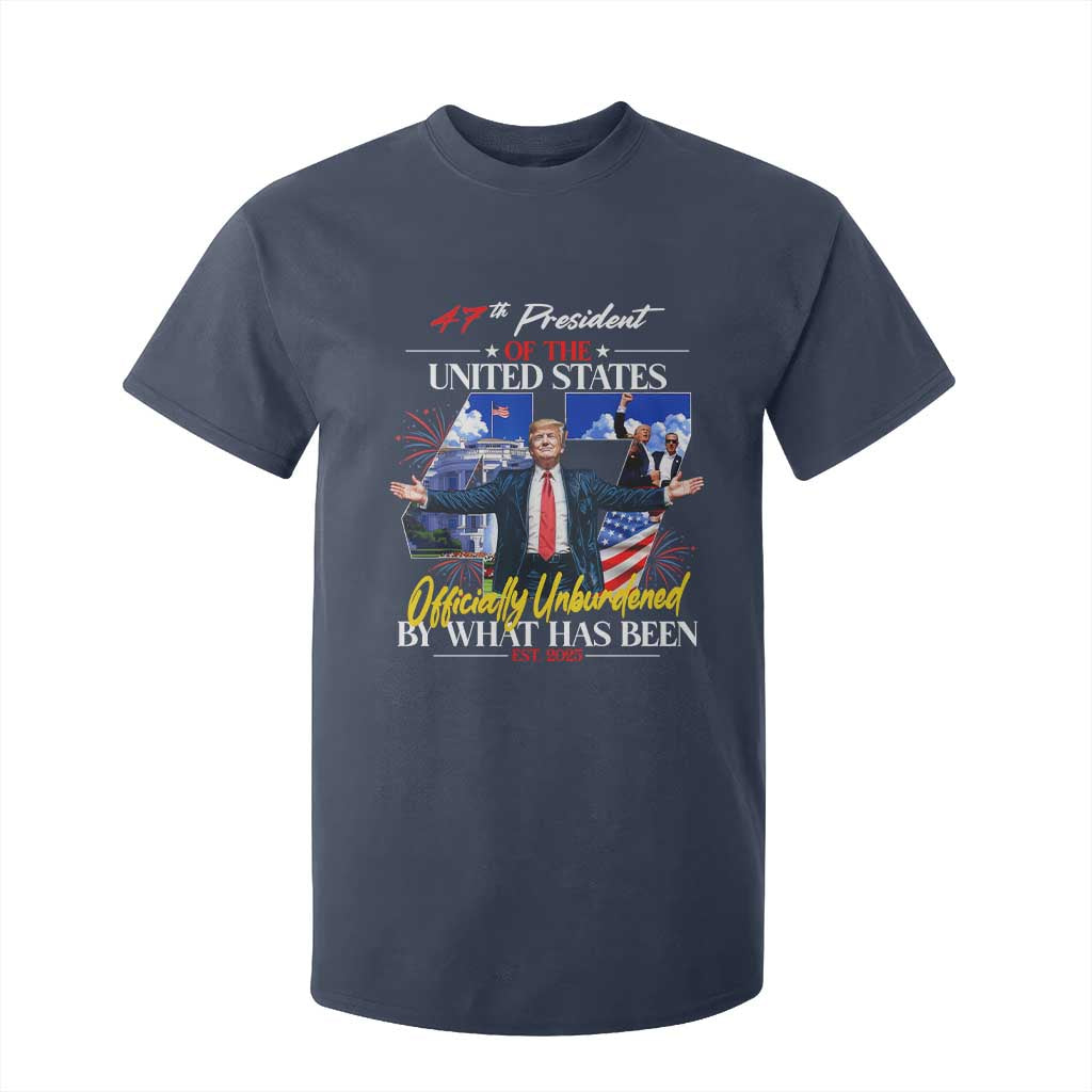 President Donald Trump T Shirt For Kid Officially Unburdened By What Has Been 2025 47Th American Flag TS10 Navy Print Your Wear