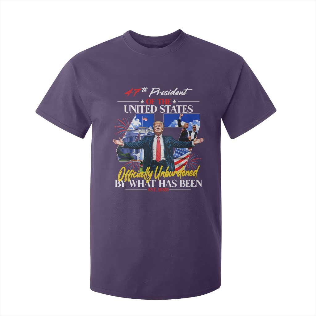 President Donald Trump T Shirt For Kid Officially Unburdened By What Has Been 2025 47Th American Flag TS10 Purple Print Your Wear