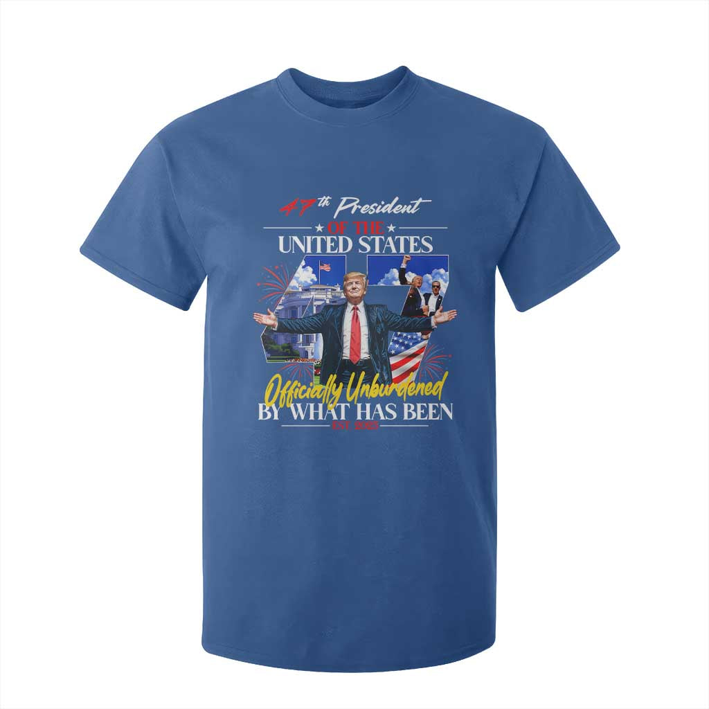 President Donald Trump T Shirt For Kid Officially Unburdened By What Has Been 2025 47Th American Flag TS10 Royal Blue Print Your Wear
