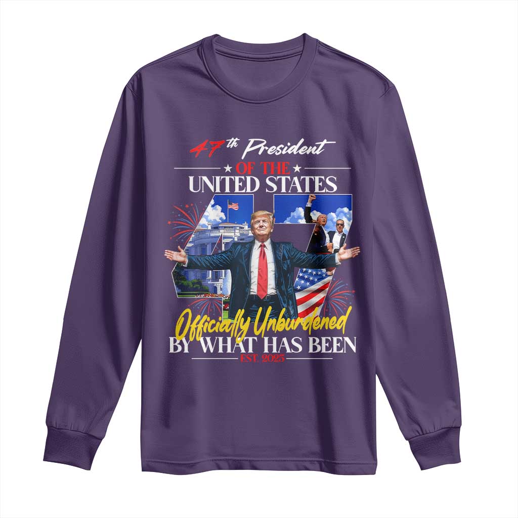 President Donald Trump Long Sleeve Shirt Officially Unburdened By What Has Been 2025 47Th American Flag TS10 Purple Print Your Wear