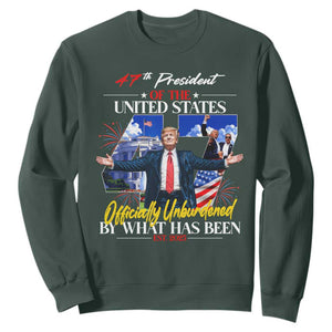 President Donald Trump Sweatshirt Officially Unburdened By What Has Been 2025 47Th American Flag TS10 Dark Forest Green Print Your Wear
