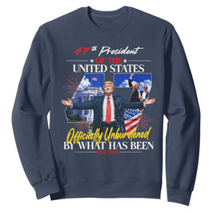 President Donald Trump Sweatshirt Officially Unburdened By What Has Been 2025 47Th American Flag TS10 Navy Print Your Wear