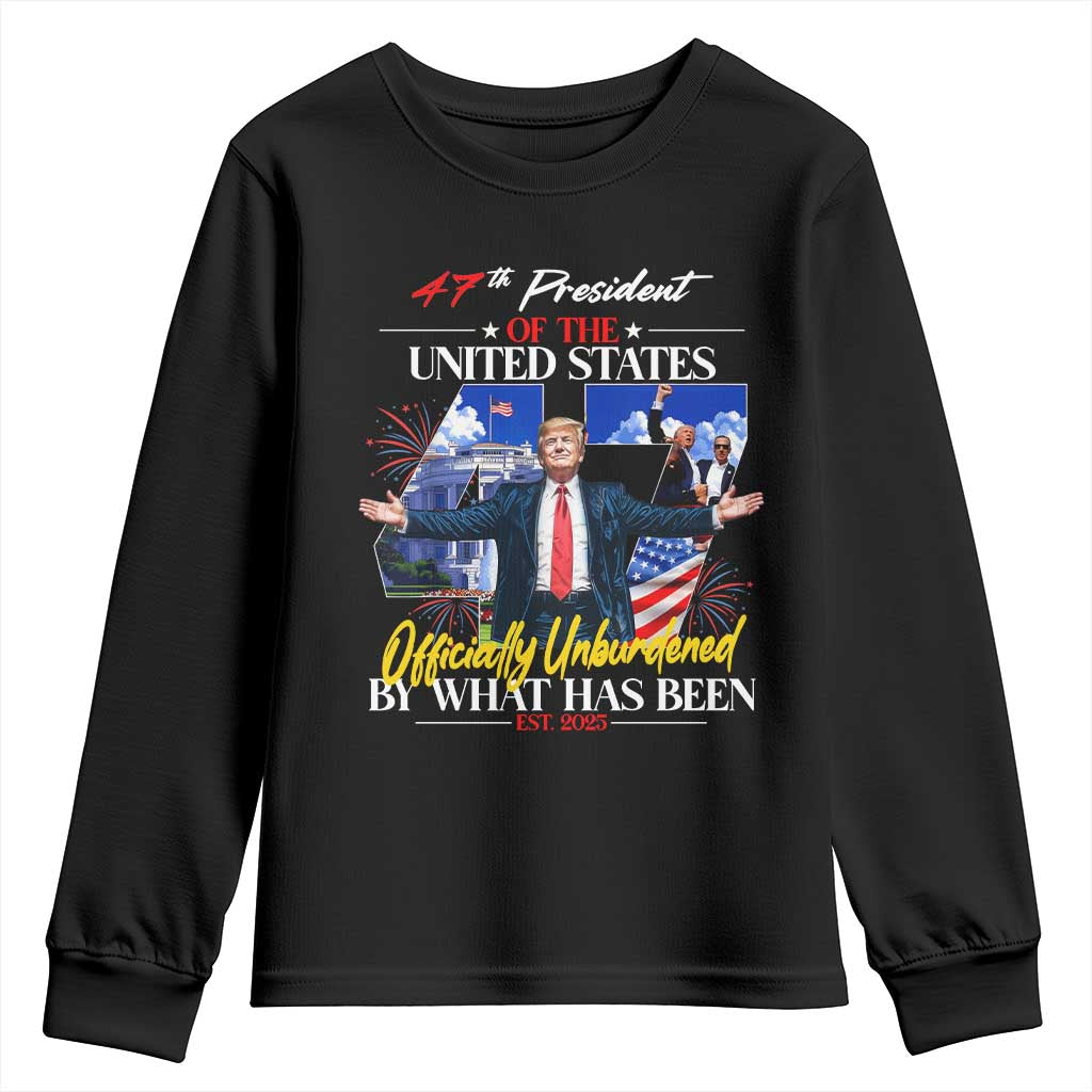 President Donald Trump Youth Sweatshirt Officially Unburdened By What Has Been 2025 47Th American Flag TS10 Black Print Your Wear