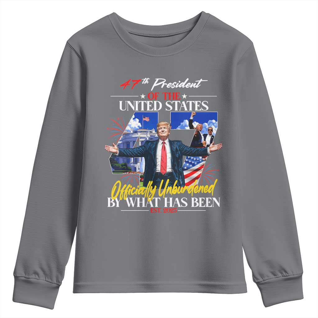 President Donald Trump Youth Sweatshirt Officially Unburdened By What Has Been 2025 47Th American Flag TS10 Charcoal Print Your Wear