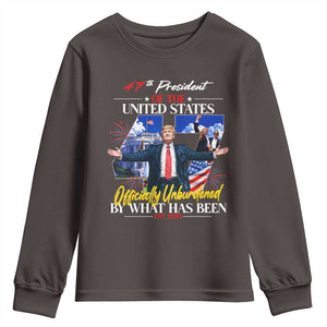President Donald Trump Youth Sweatshirt Officially Unburdened By What Has Been 2025 47Th American Flag TS10 Dark Chocolate Print Your Wear