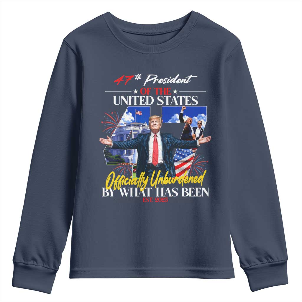 President Donald Trump Youth Sweatshirt Officially Unburdened By What Has Been 2025 47Th American Flag TS10 Navy Print Your Wear