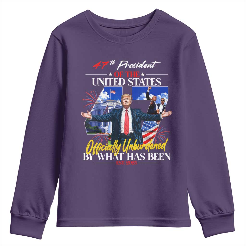 President Donald Trump Youth Sweatshirt Officially Unburdened By What Has Been 2025 47Th American Flag TS10 Purple Print Your Wear