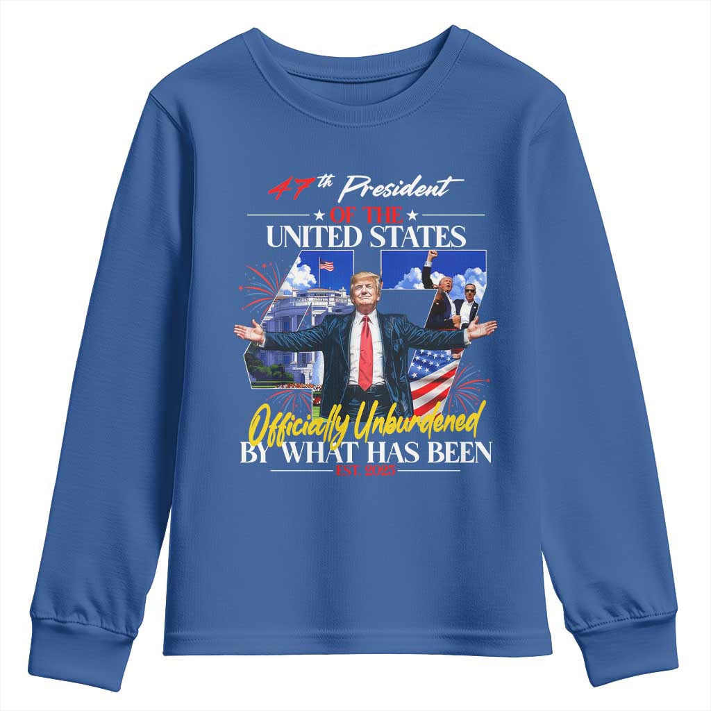 President Donald Trump Youth Sweatshirt Officially Unburdened By What Has Been 2025 47Th American Flag TS10 Royal Blue Print Your Wear