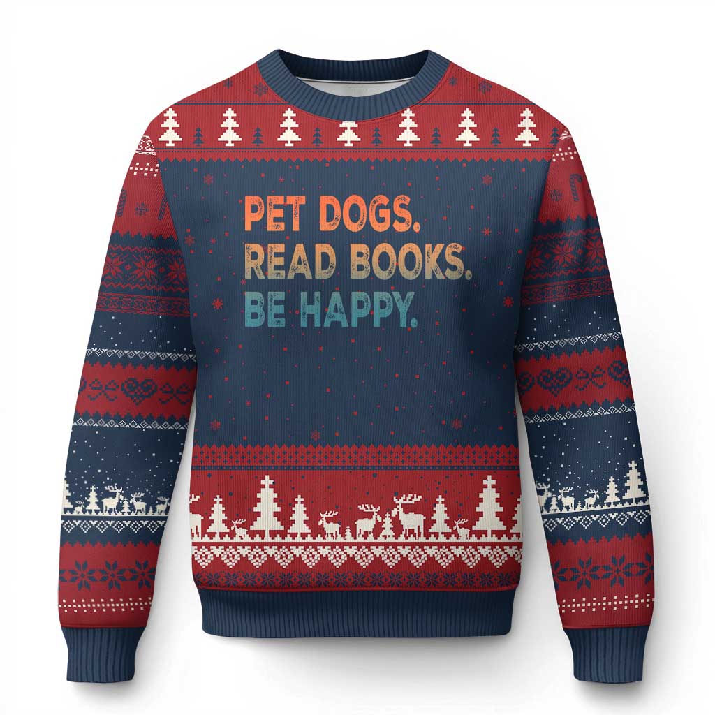 Dog Book Lovers Ugly Christmas Sweater Retro Pet Dogs Read Books Be Happy TS10 Navy Red Print Your Wear