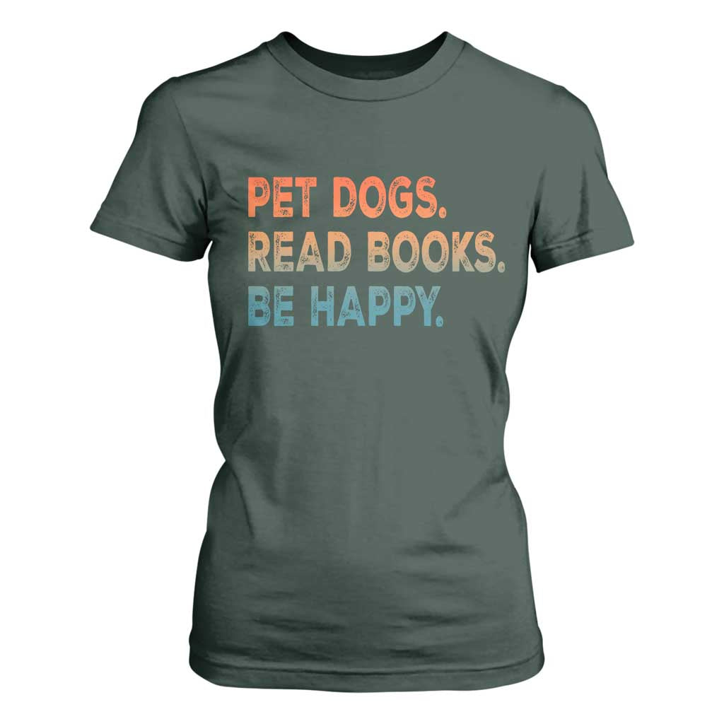 Dog Book Lovers T Shirt For Women Retro Pet Dogs Read Books Be Happy TS10 Dark Forest Green Print Your Wear