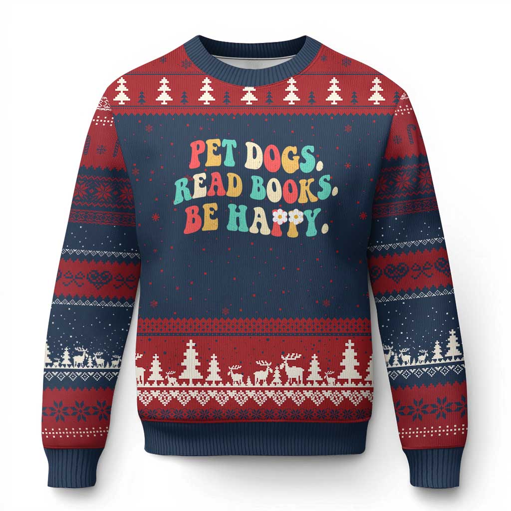Dog Book Lover Ugly Christmas Sweater Retro Groovy Flower Bookish Dog Mom Gift TS10 Navy Red Print Your Wear