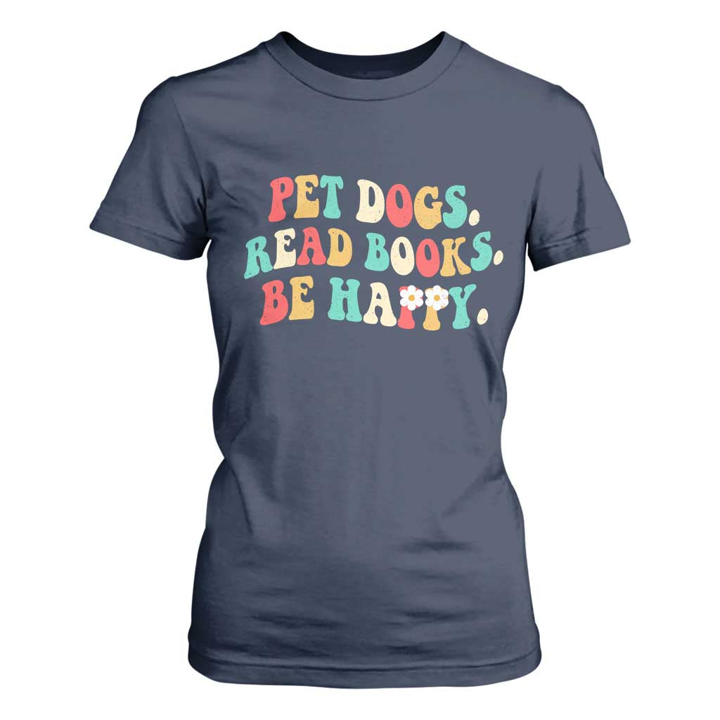 Dog Book Lover T Shirt For Women Retro Groovy Flower Bookish Dog Mom Gift TS10 Navy Print Your Wear