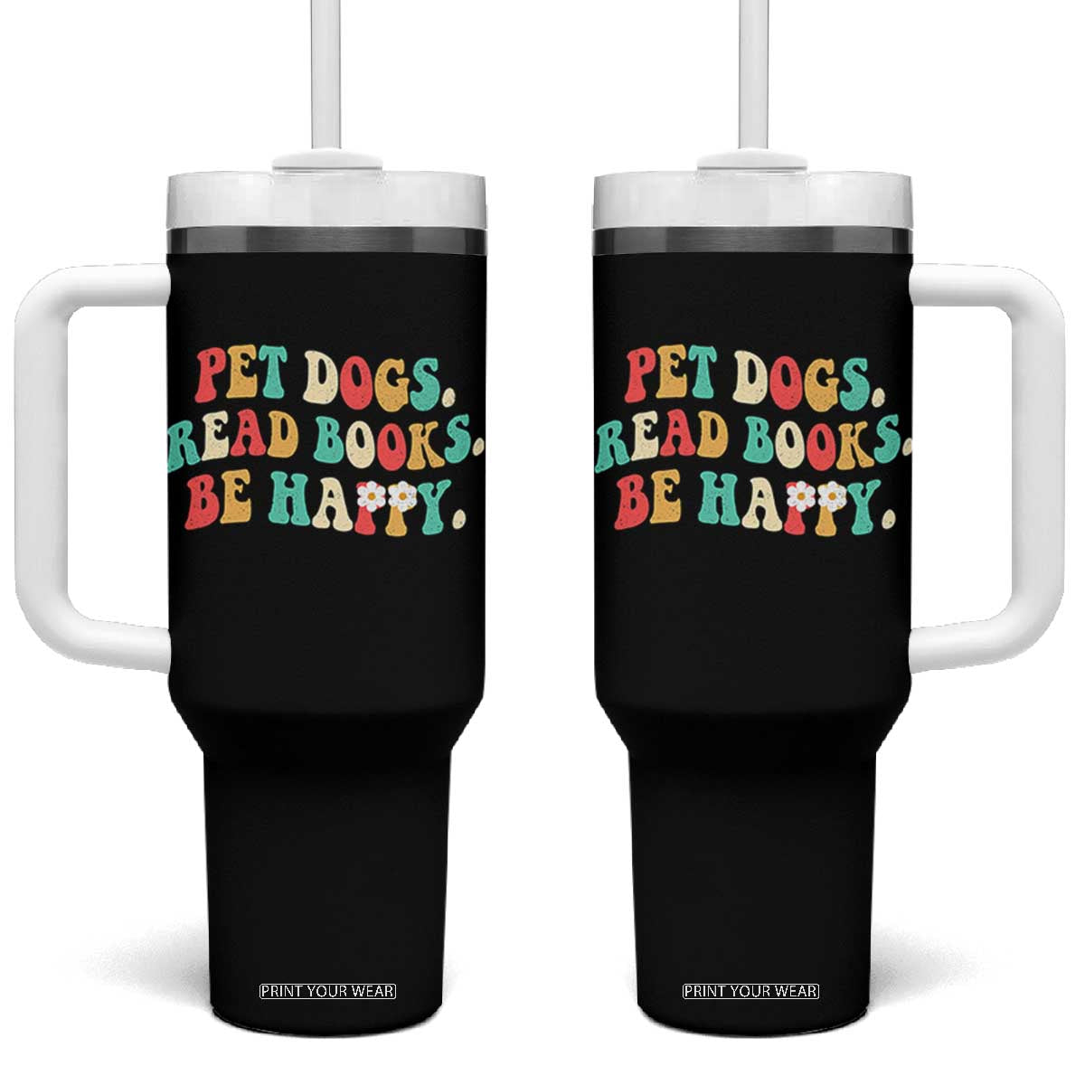 Dog Book Lover Tumbler With Handle Retro Groovy Flower Bookish Dog Mom Gift TS10 One Size: 40 oz Black Print Your Wear