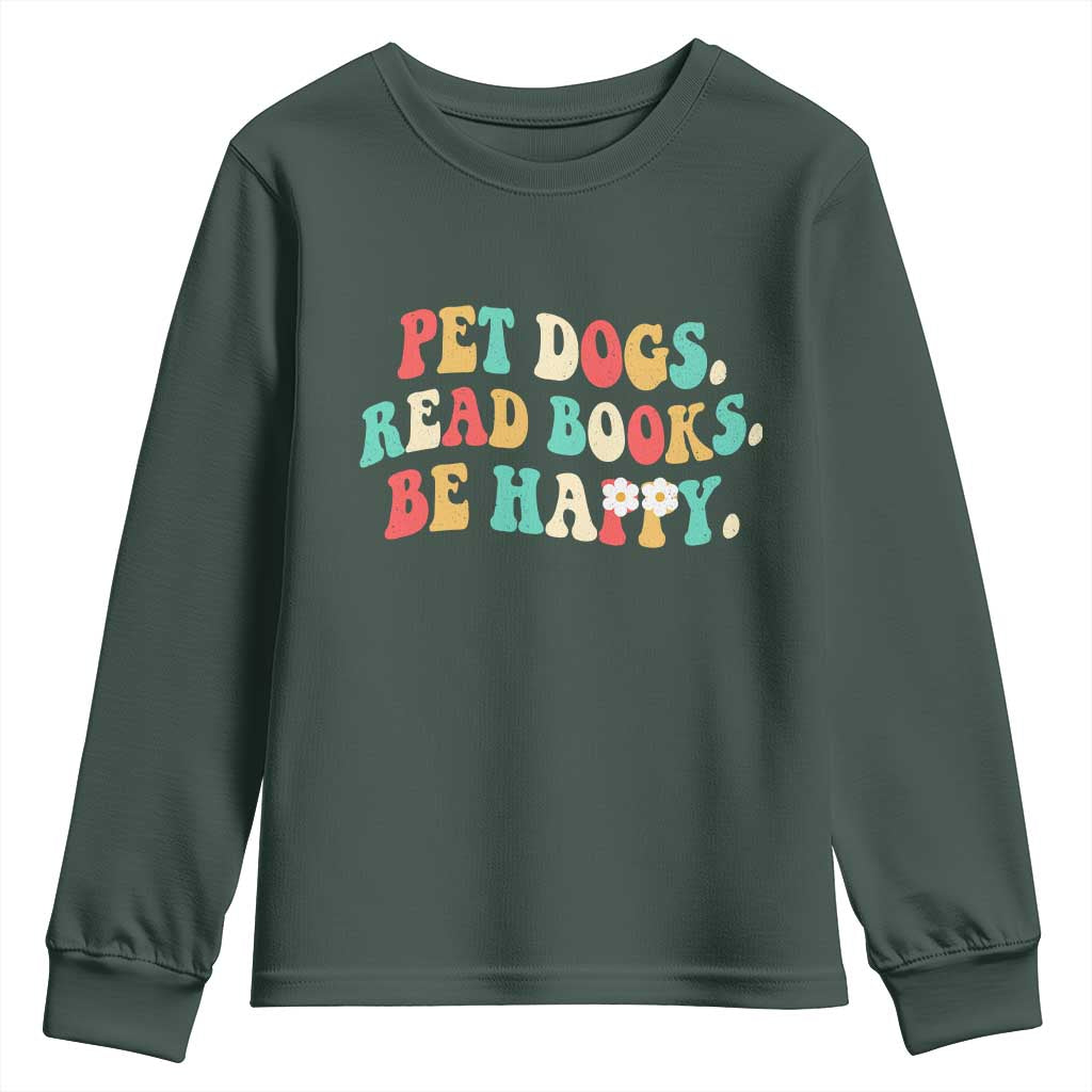Dog Book Lover Youth Sweatshirt Retro Groovy Flower Bookish Dog Mom Gift TS10 Dark Forest Green Print Your Wear