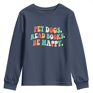 Dog Book Lover Youth Sweatshirt Retro Groovy Flower Bookish Dog Mom Gift TS10 Navy Print Your Wear