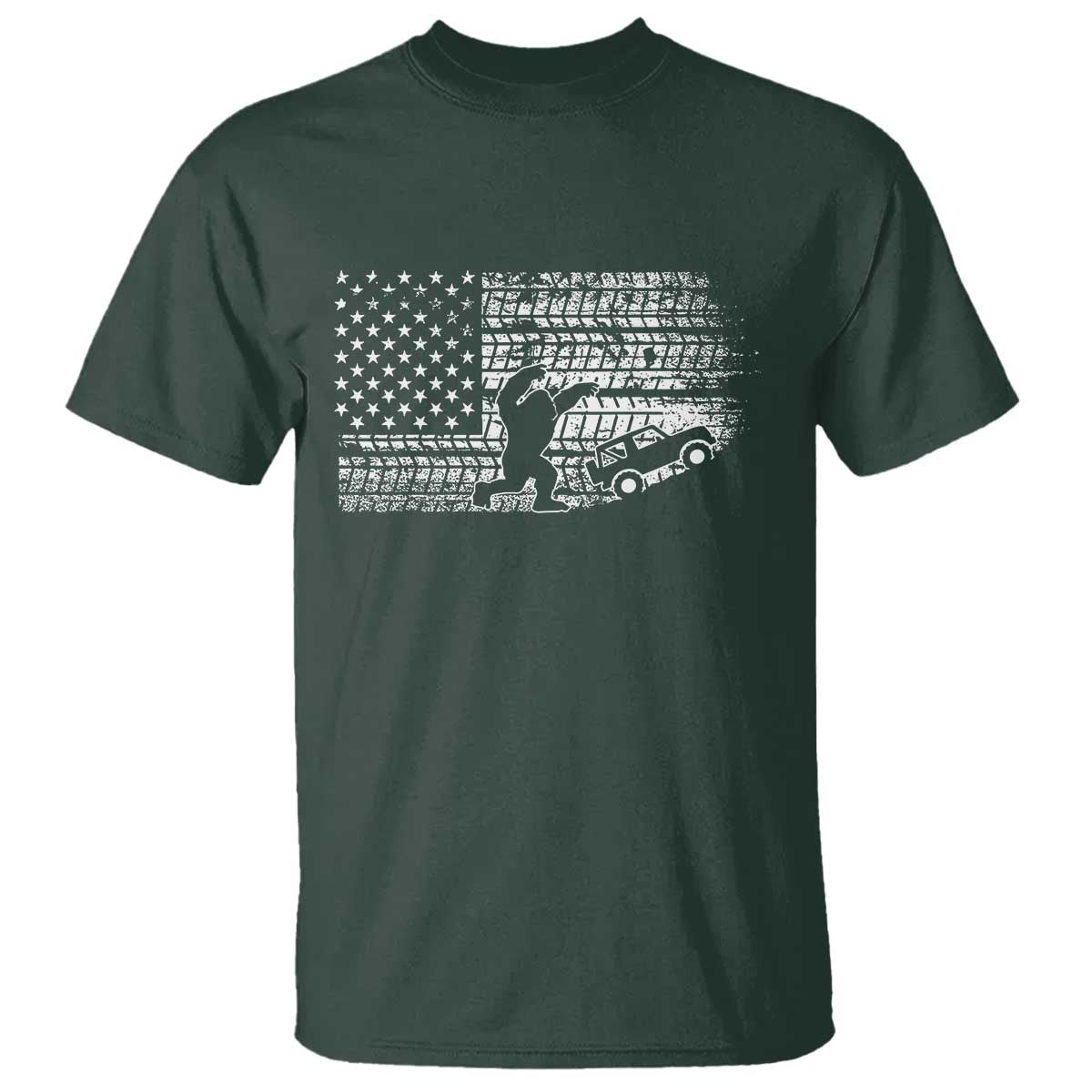 Bigfoot Offroad Car T Shirt Retro Sasquatch 4x4 UTV ATV Funny American Flag TS10 Dark Forest Green Print Your Wear