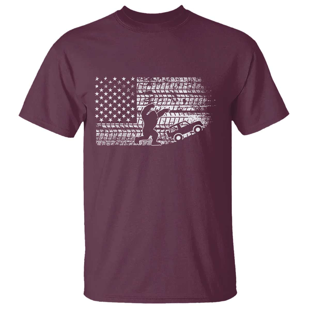 Bigfoot Offroad Car T Shirt Retro Sasquatch 4x4 UTV ATV Funny American Flag TS10 Maroon Print Your Wear