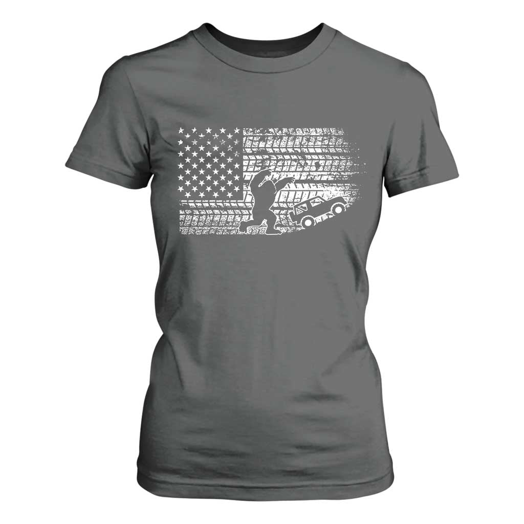 Bigfoot Offroad Car T Shirt For Women Retro Sasquatch 4x4 UTV ATV Funny American Flag TS10 Dark Heather Print Your Wear