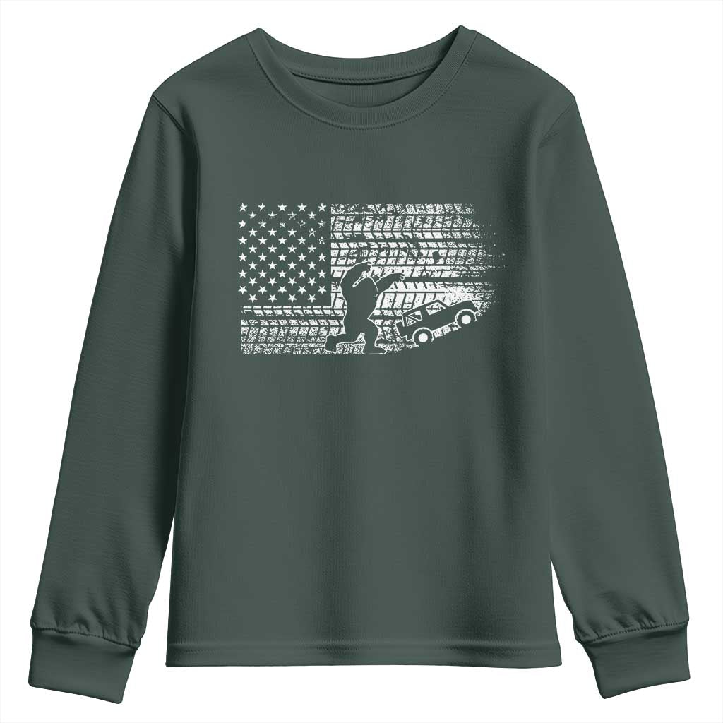 Bigfoot Offroad Car Youth Sweatshirt Retro Sasquatch 4x4 UTV ATV Funny American Flag TS10 Dark Forest Green Print Your Wear