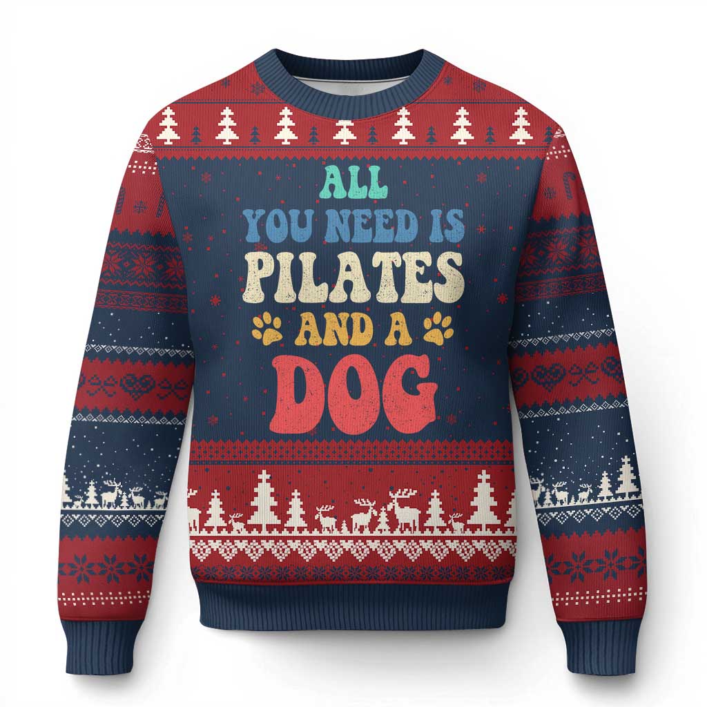 Funny Pilates Dog Lover Ugly Christmas Sweater Retro All You Need Is Pilates And A Dog TS10 Navy Red Print Your Wear