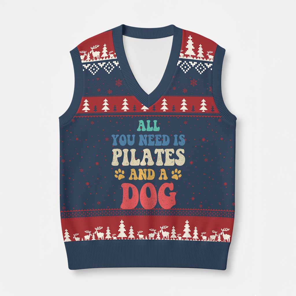 Funny Pilates Dog Lover V-Neck Knit Sweater Vest Retro All You Need Is Pilates And A Dog TS10 Navy Red Print Your Wear