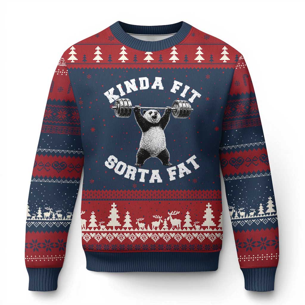 Funny Gym Ugly Christmas Sweater Kinda Fit Sorta Fat Panda Weightlifting Workout TS10 Navy Red Print Your Wear