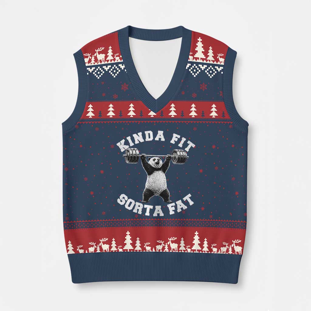 Funny Gym V-Neck Knit Sweater Vest Kinda Fit Sorta Fat Panda Weightlifting Workout TS10 Navy Red Print Your Wear