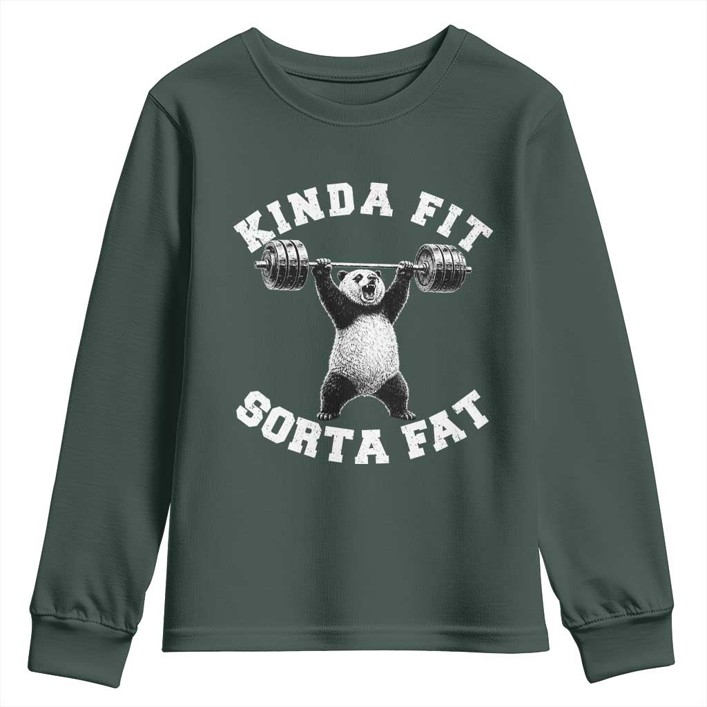 Funny Gym Youth Sweatshirt Kinda Fit Sorta Fat Panda Weightlifting Workout TS10 Dark Forest Green Print Your Wear