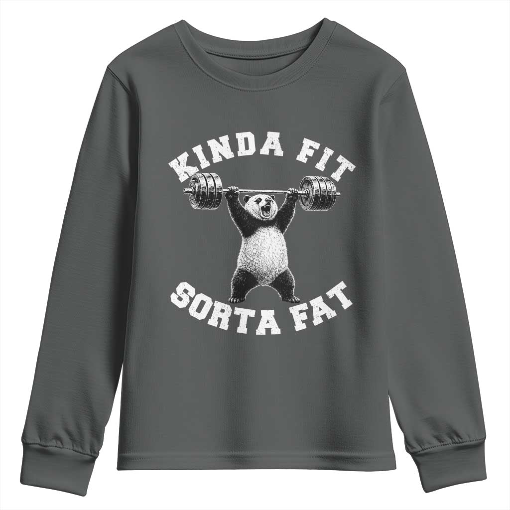 Funny Gym Youth Sweatshirt Kinda Fit Sorta Fat Panda Weightlifting Workout TS10 Dark Heather Print Your Wear