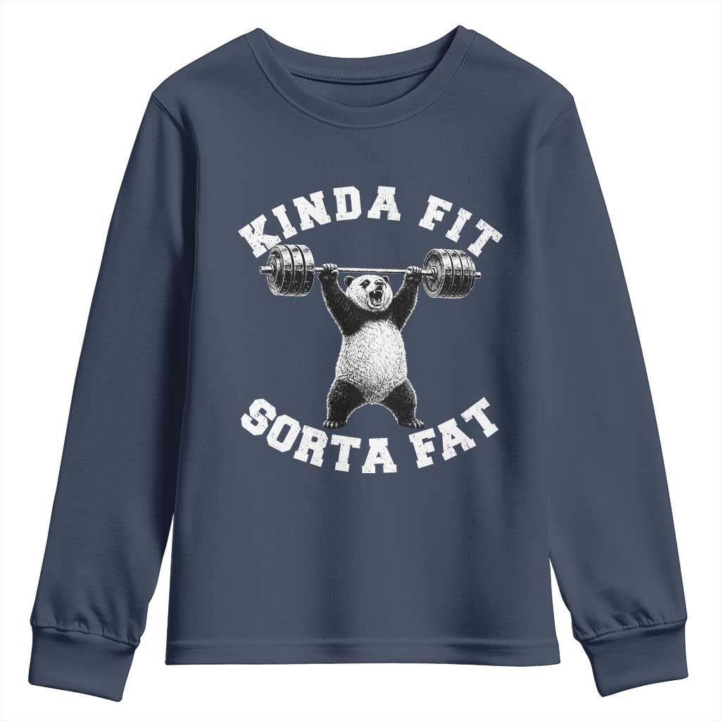 Funny Gym Youth Sweatshirt Kinda Fit Sorta Fat Panda Weightlifting Workout TS10 Navy Print Your Wear