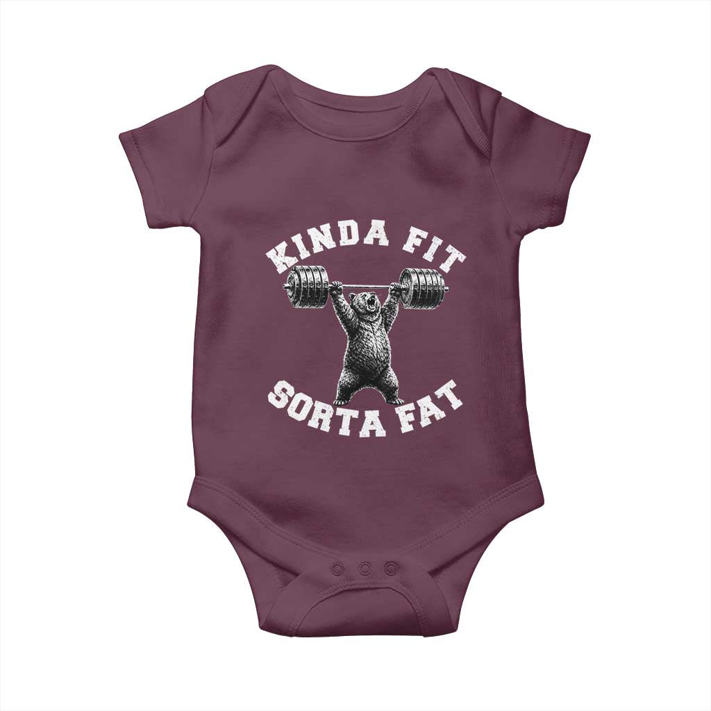 Funny Gym Baby Onesie Kinda Fit Sorta Fat Bear Weightlifting Workout TS10 Maroon Print Your Wear