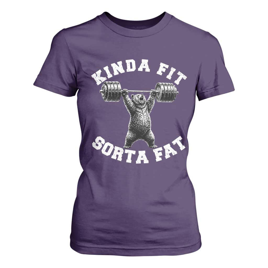 Funny Gym T Shirt For Women Kinda Fit Sorta Fat Bear Weightlifting Workout TS10 Purple Print Your Wear