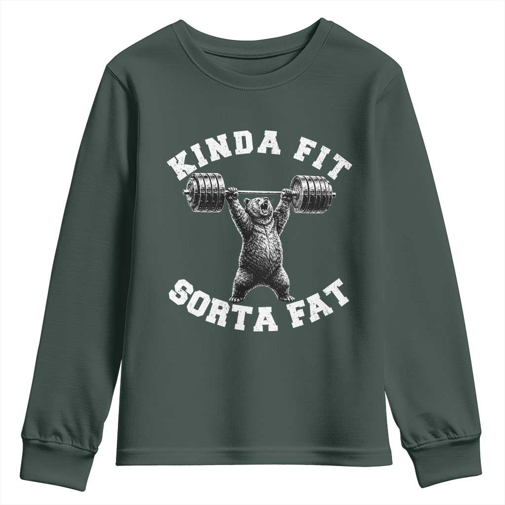 Funny Gym Youth Sweatshirt Kinda Fit Sorta Fat Bear Weightlifting Workout TS10 Dark Forest Green Print Your Wear