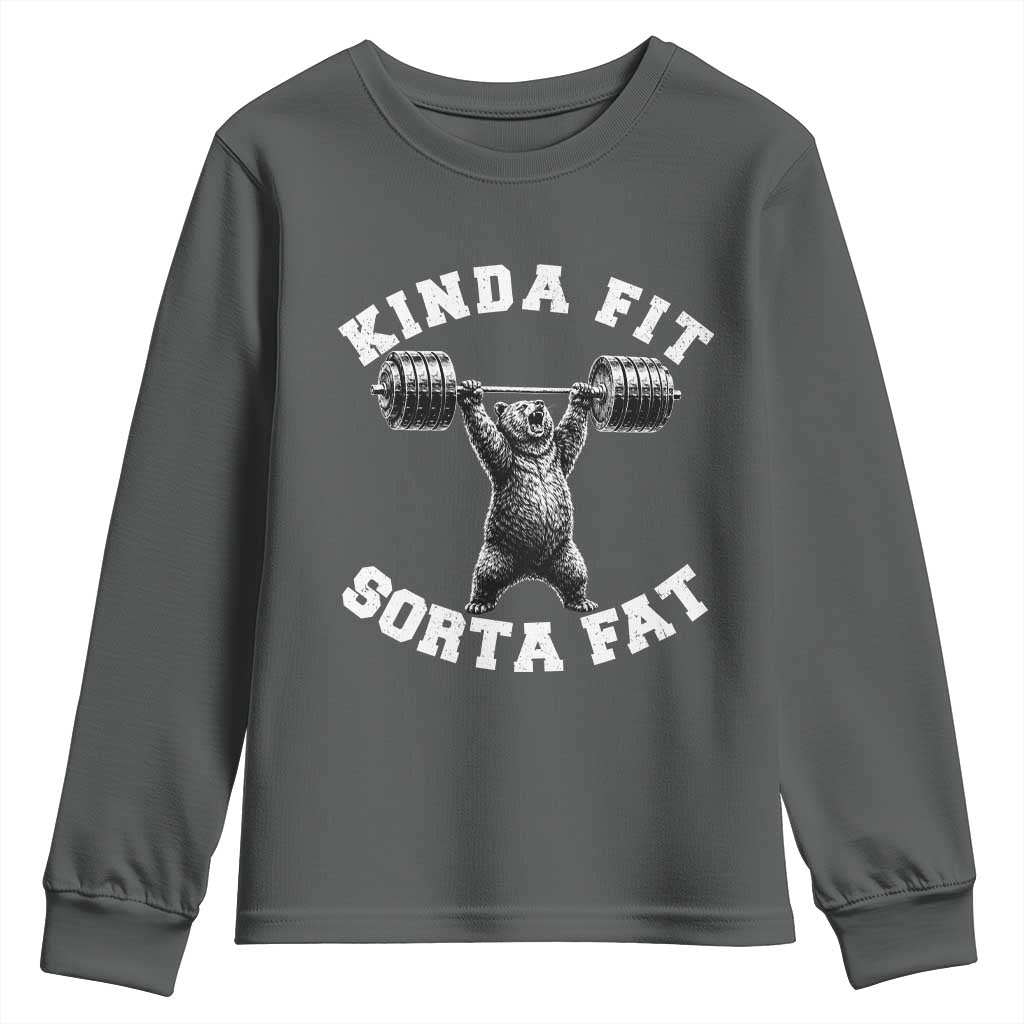 Funny Gym Youth Sweatshirt Kinda Fit Sorta Fat Bear Weightlifting Workout TS10 Dark Heather Print Your Wear