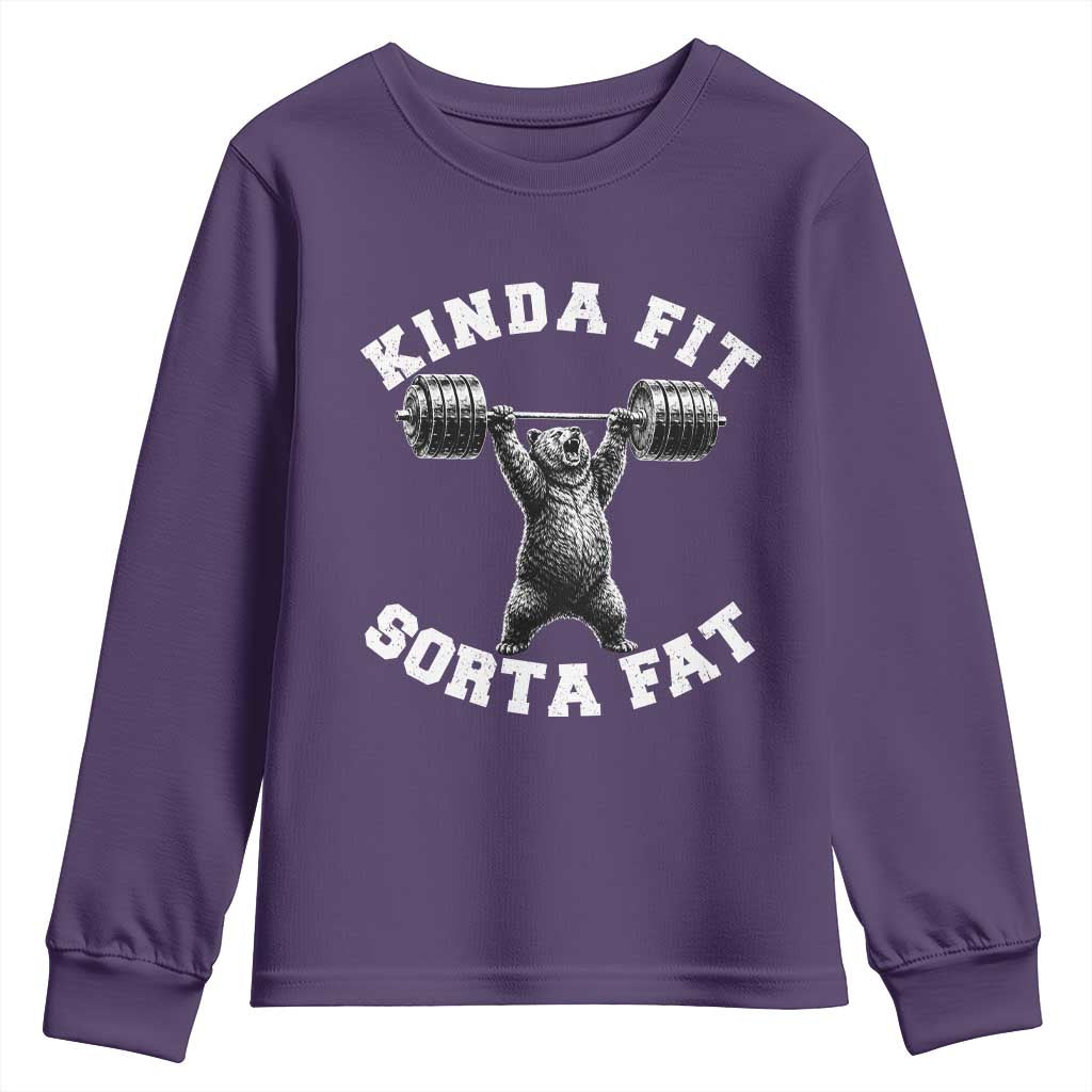 Funny Gym Youth Sweatshirt Kinda Fit Sorta Fat Bear Weightlifting Workout TS10 Purple Print Your Wear