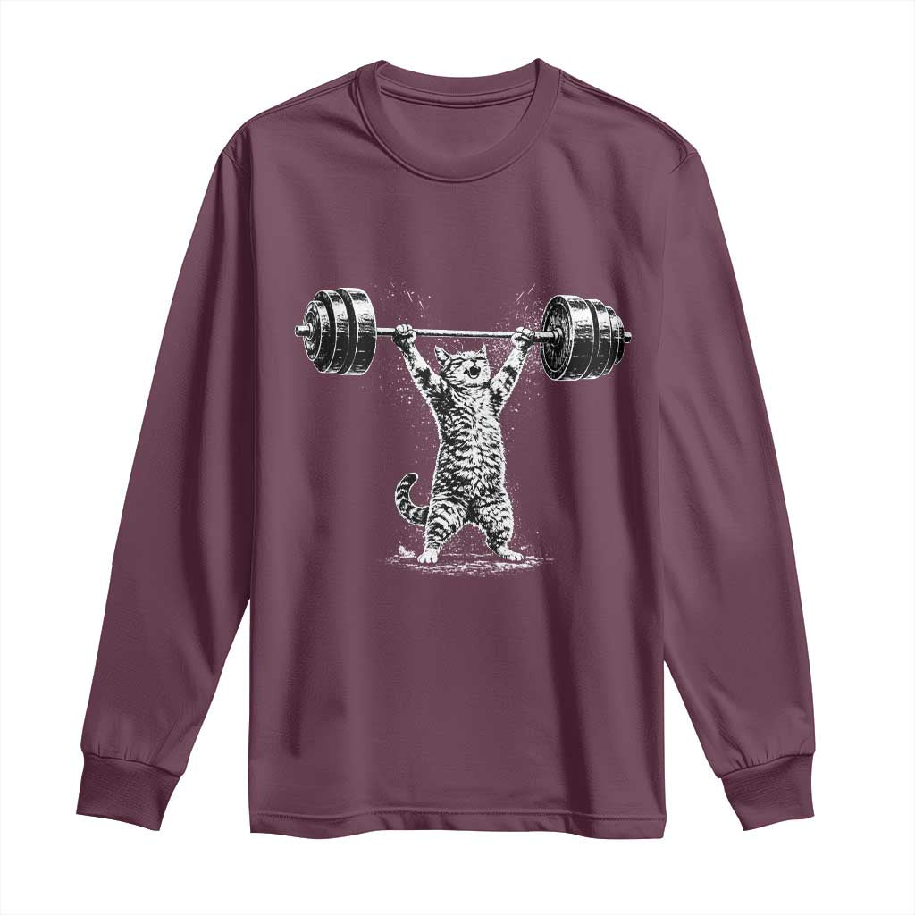 Funny Cat Gym Long Sleeve Shirt Weightlifting Workout TS10 Maroon Print Your Wear