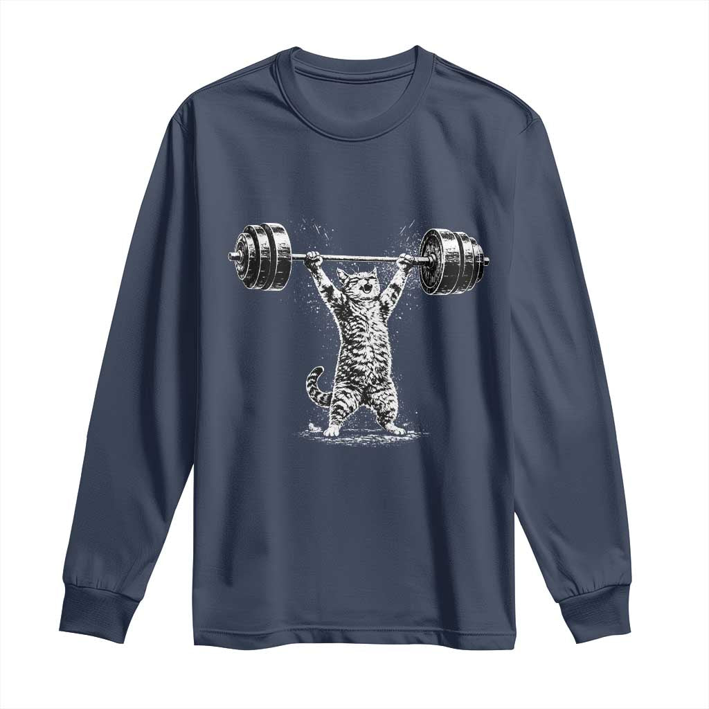 Funny Cat Gym Long Sleeve Shirt Weightlifting Workout TS10 Navy Print Your Wear
