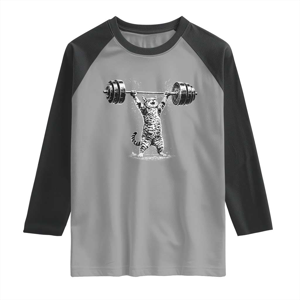Funny Cat Gym Raglan Shirt Weightlifting Workout TS10 Sport Gray Black Print Your Wear