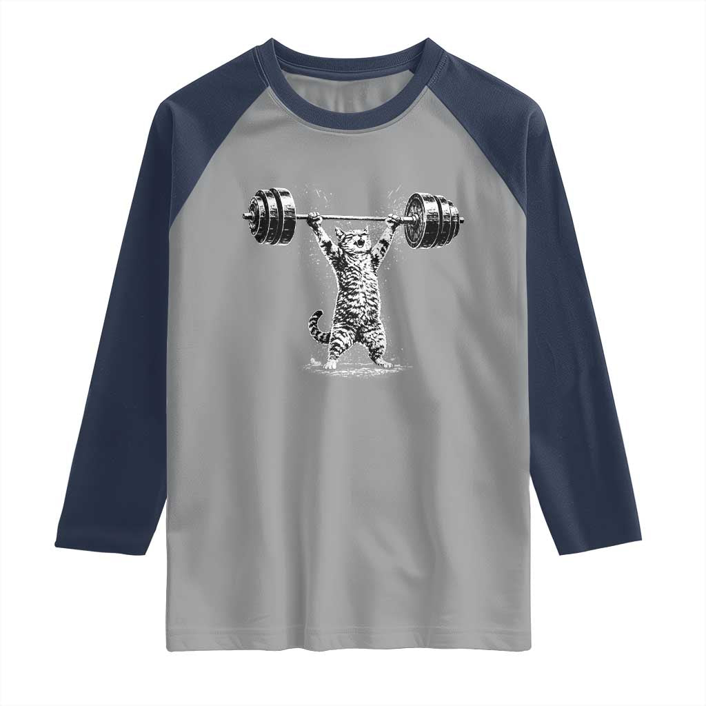 Funny Cat Gym Raglan Shirt Weightlifting Workout TS10 Sport Gray Navy Print Your Wear
