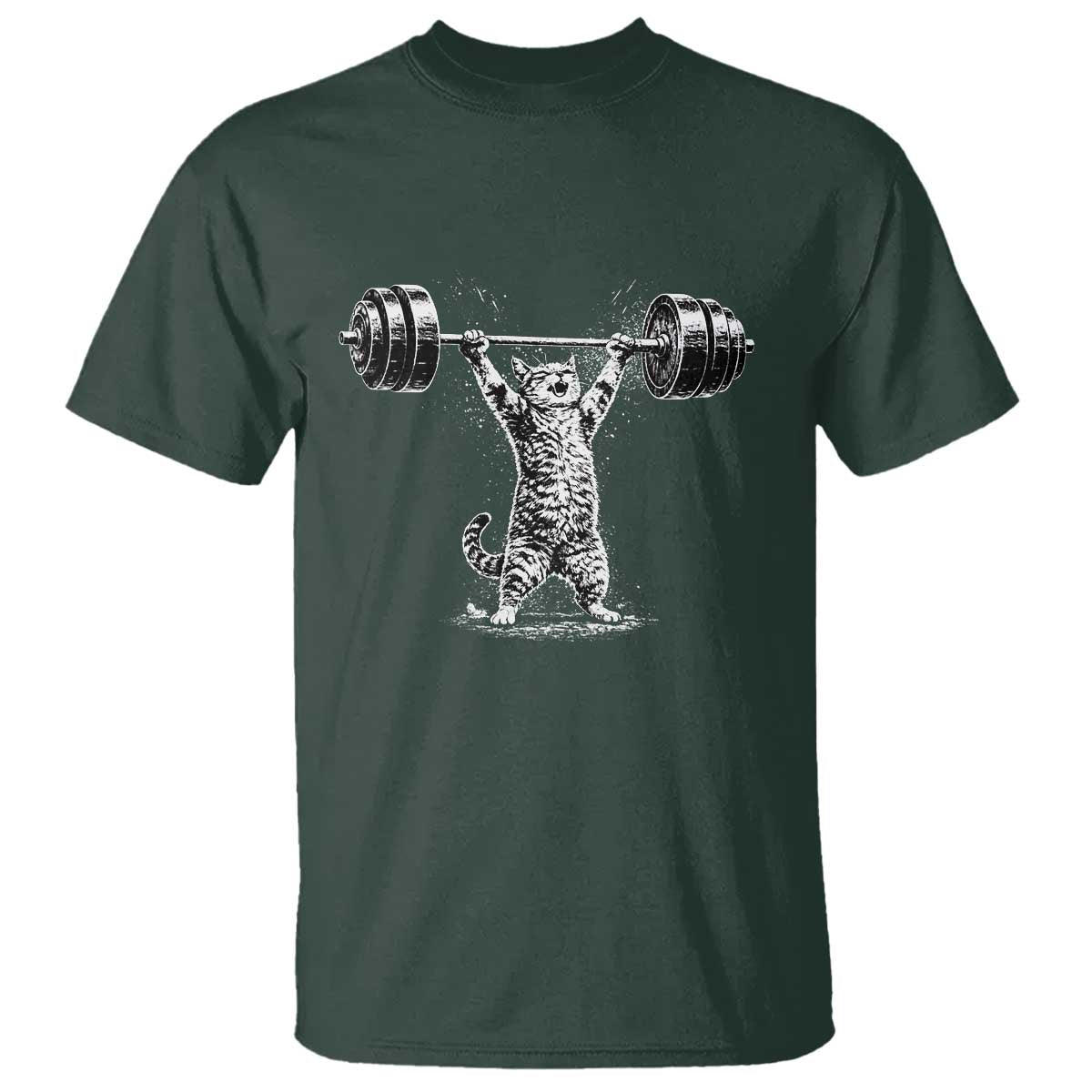 Funny Cat Gym T Shirt - Weightlifting Workout Cat Humor Fitness Tee TS10 Dark Forest Green Print Your Wear