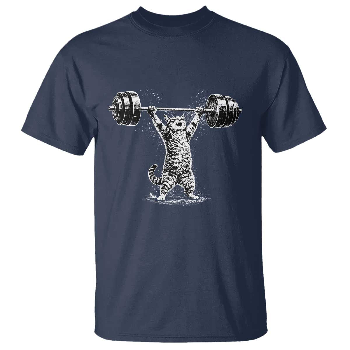 Funny Cat Gym T Shirt - Weightlifting Workout Cat Humor Fitness Tee TS10 Navy Print Your Wear