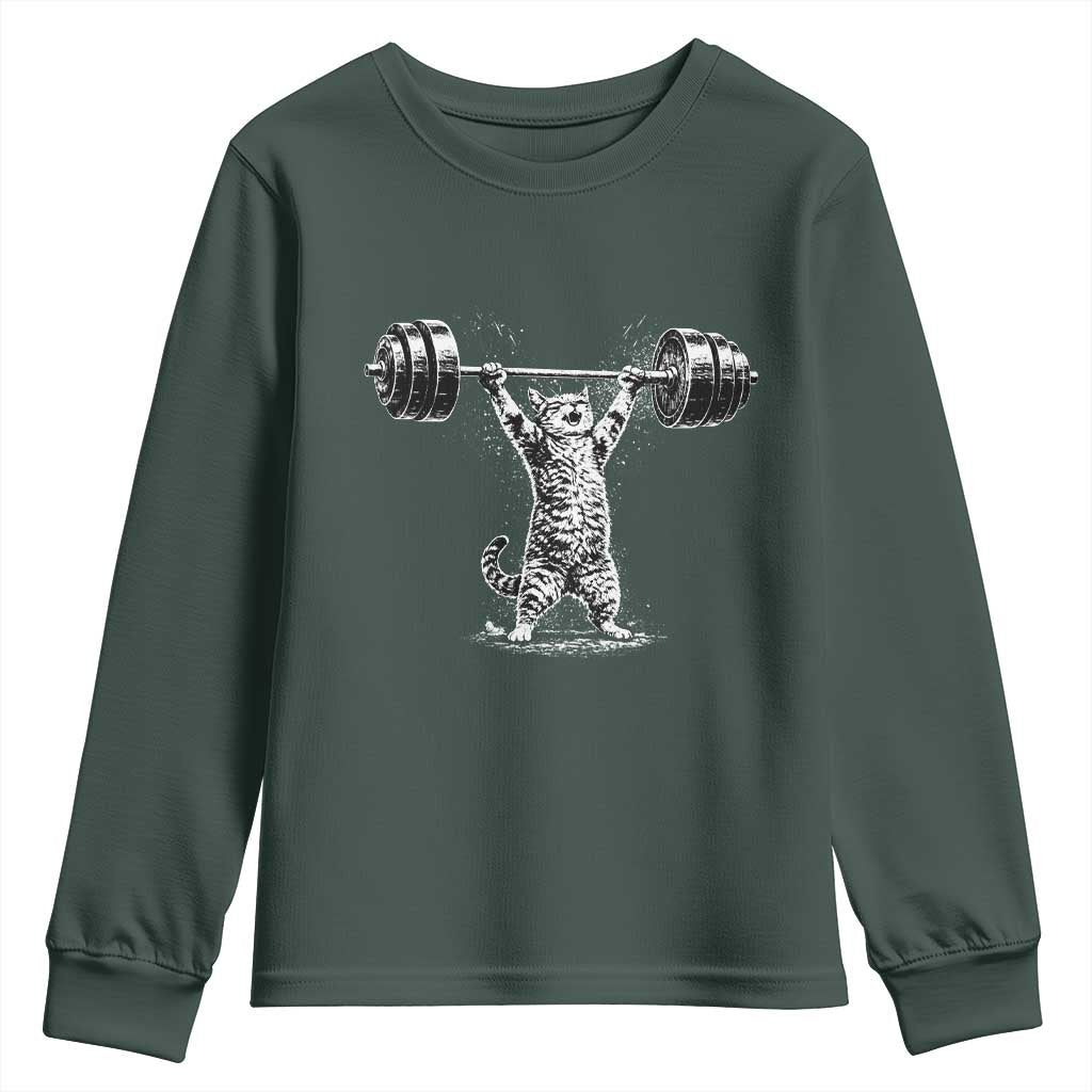 Funny Cat Gym Youth Sweatshirt Weightlifting Workout TS10 Dark Forest Green Print Your Wear