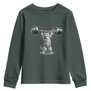 Funny Cat Gym Youth Sweatshirt Weightlifting Workout TS10 Dark Forest Green Print Your Wear