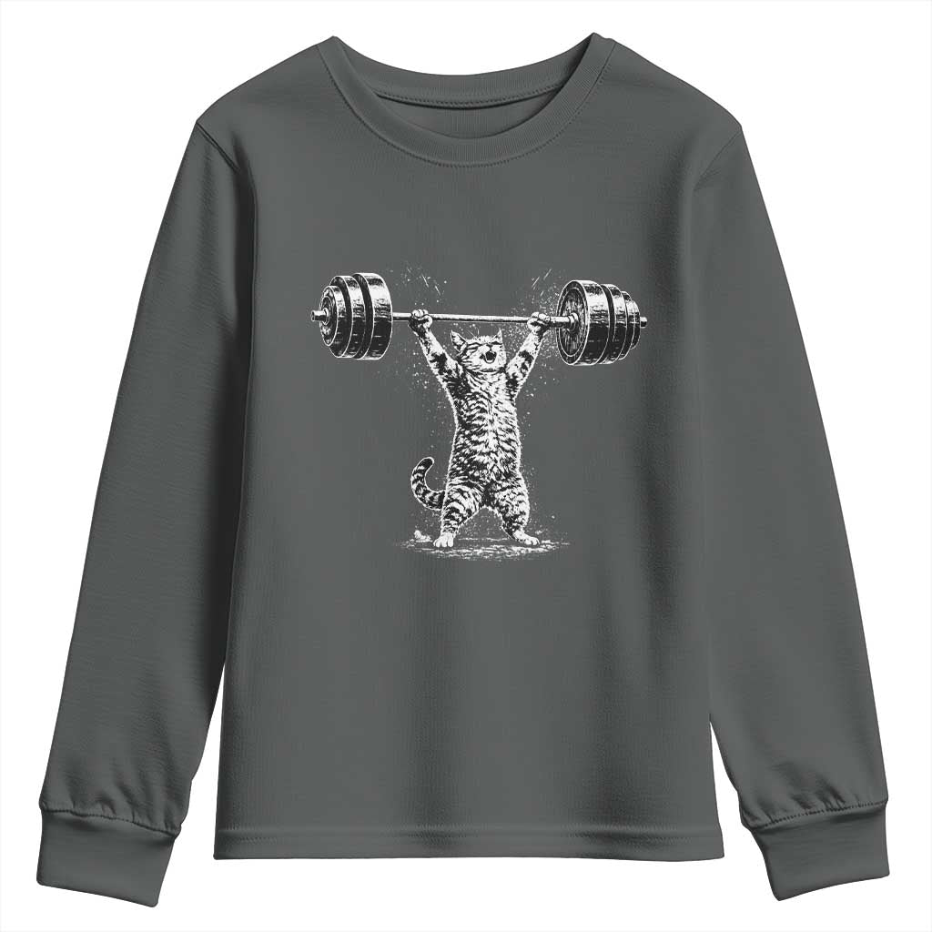 Funny Cat Gym Youth Sweatshirt Weightlifting Workout TS10 Dark Heather Print Your Wear