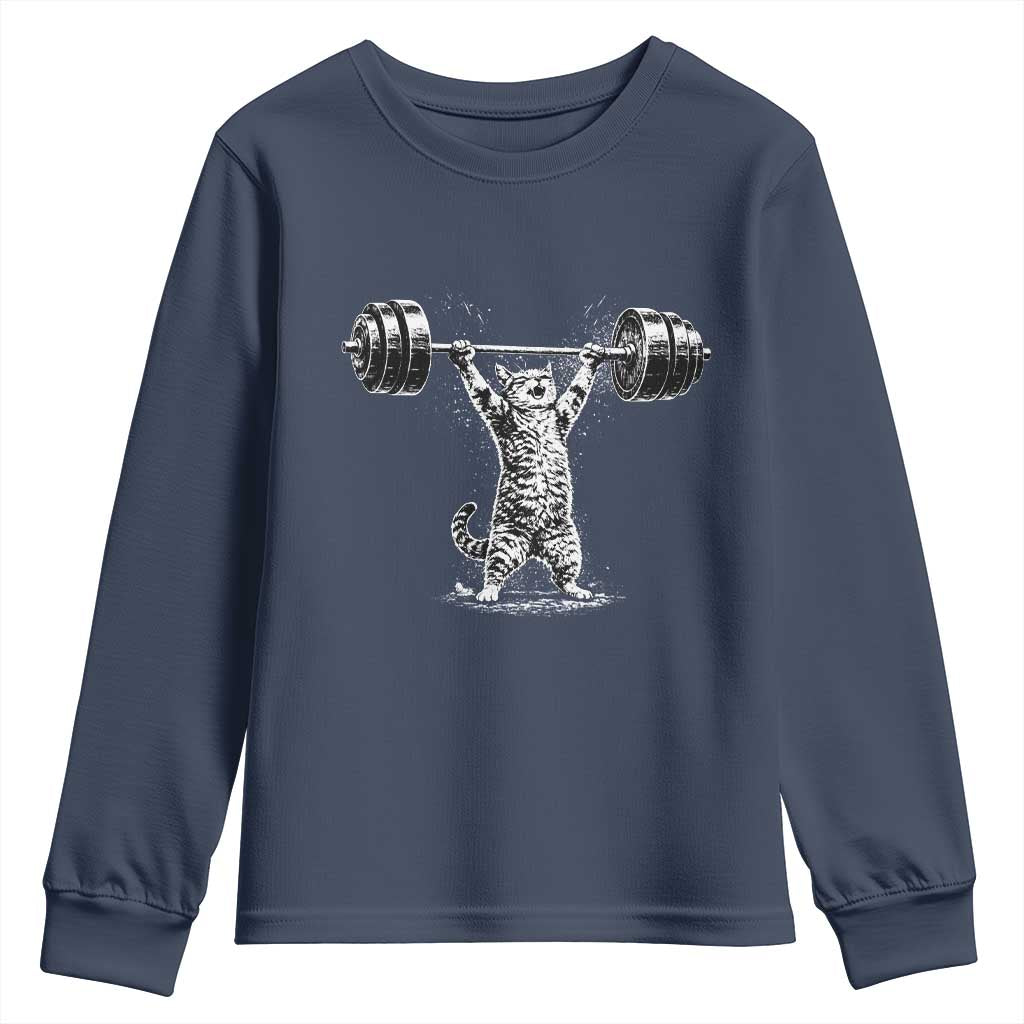 Funny Cat Gym Youth Sweatshirt Weightlifting Workout TS10 Navy Print Your Wear