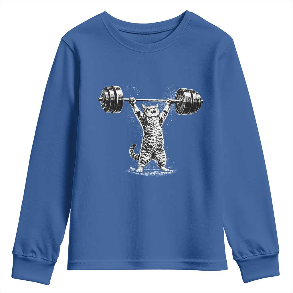 Funny Cat Gym Youth Sweatshirt Weightlifting Workout TS10 Royal Blue Print Your Wear