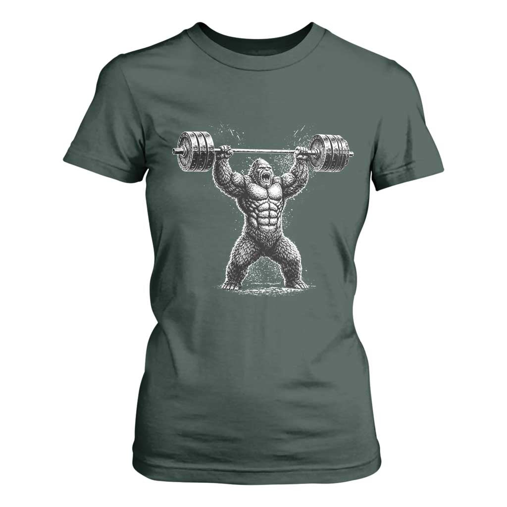 Funny Gym Bigfoot T Shirt For Women Weightlifting Workout TS10 Dark Forest Green Print Your Wear